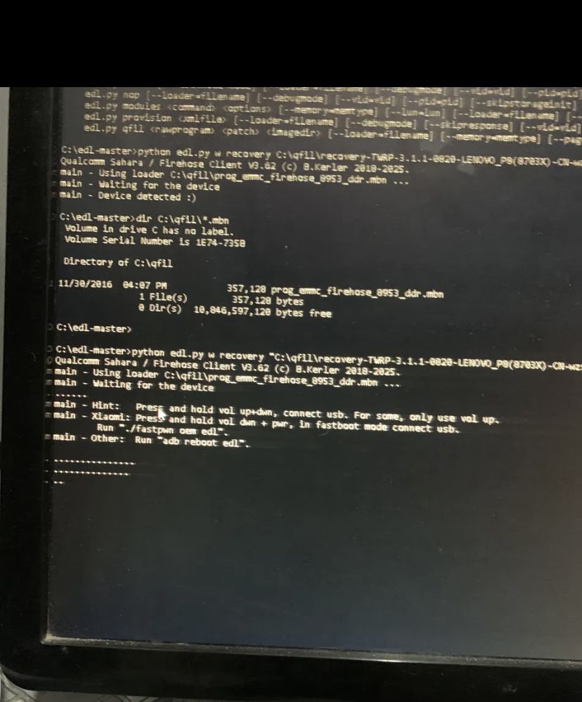 edl tool on Windows waiting for a device and printing EDL button combination hints