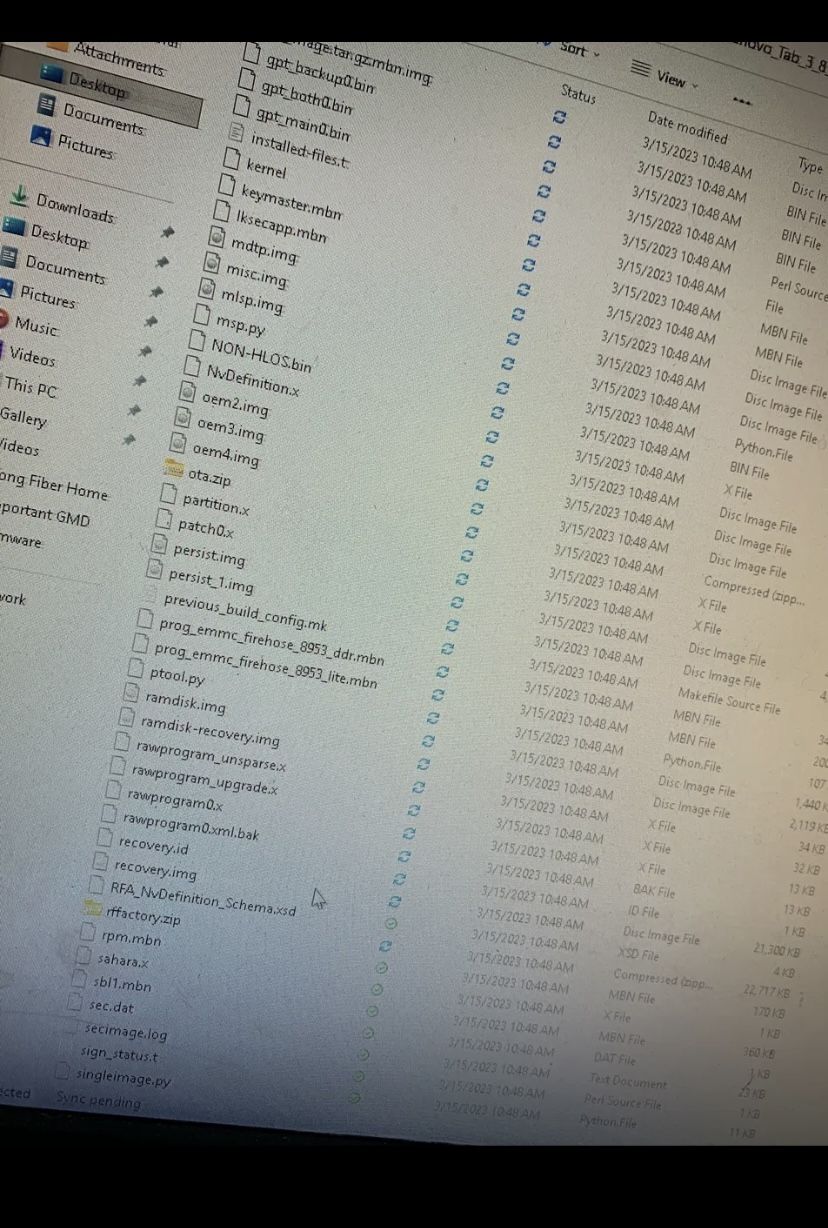 Further contents of a Qualcomm firmware package showing partition images and helper scripts